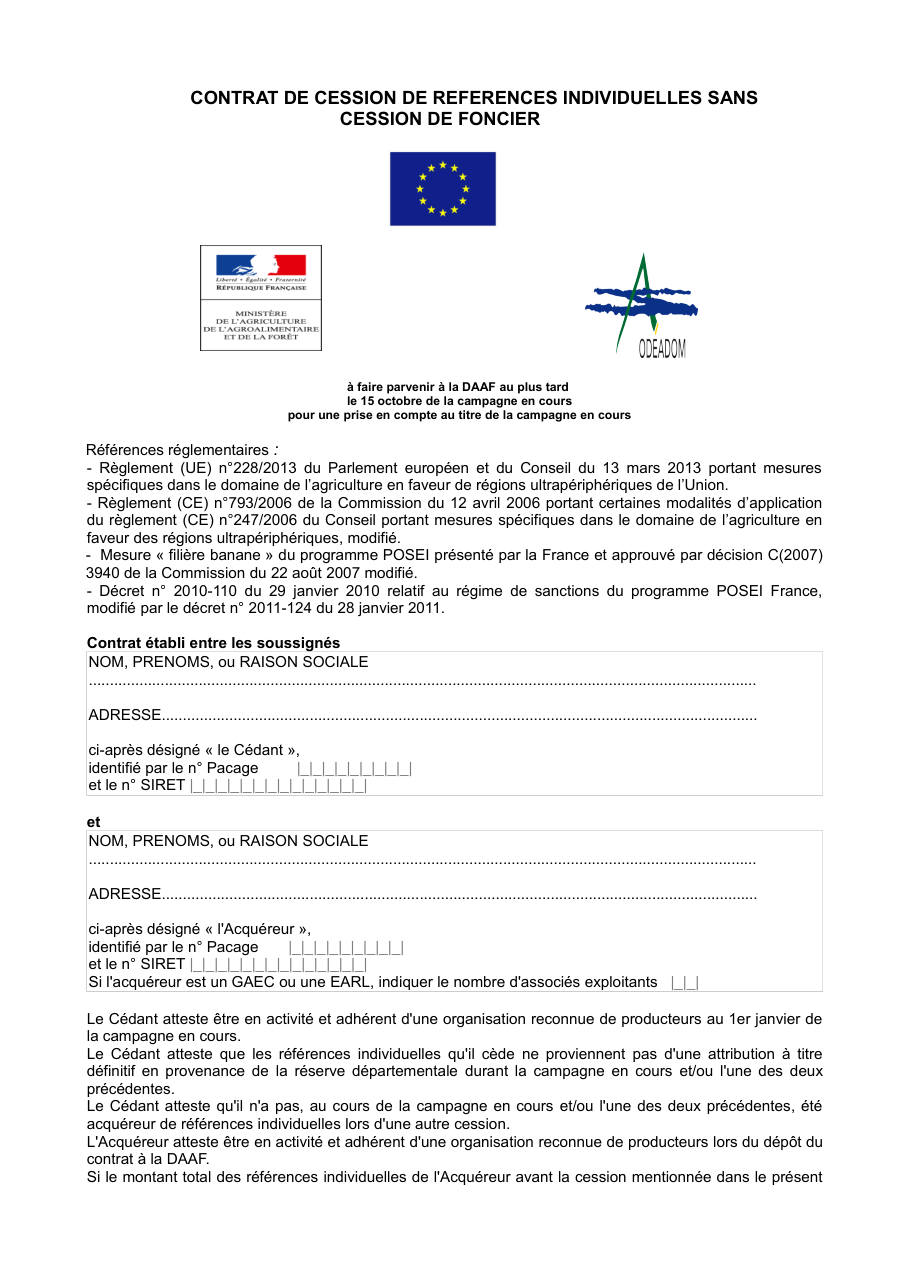 Page 1 du formulaire cerfa 14795 — Contrat de cession de références individuelles sans cession de foncier