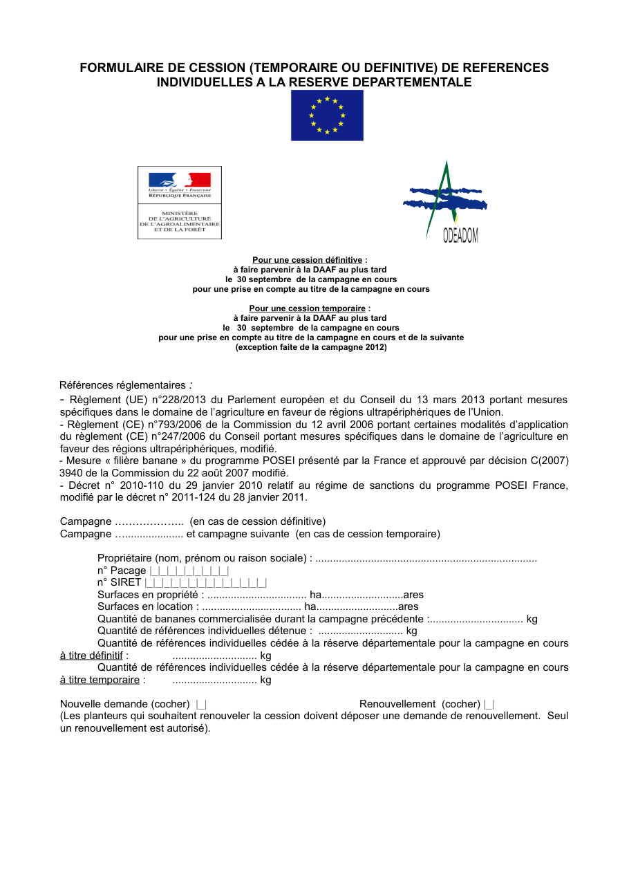 Page 1 du formulaire cerfa 14796 — Formulaire de cession (temporaire ou définitive) de références individuelles à la réserve