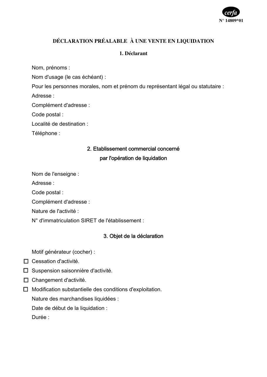 Page 1 du formulaire cerfa 14809 — Déclarer à l'avance une vente en liquidation des marchandises d'un établissement commercial
