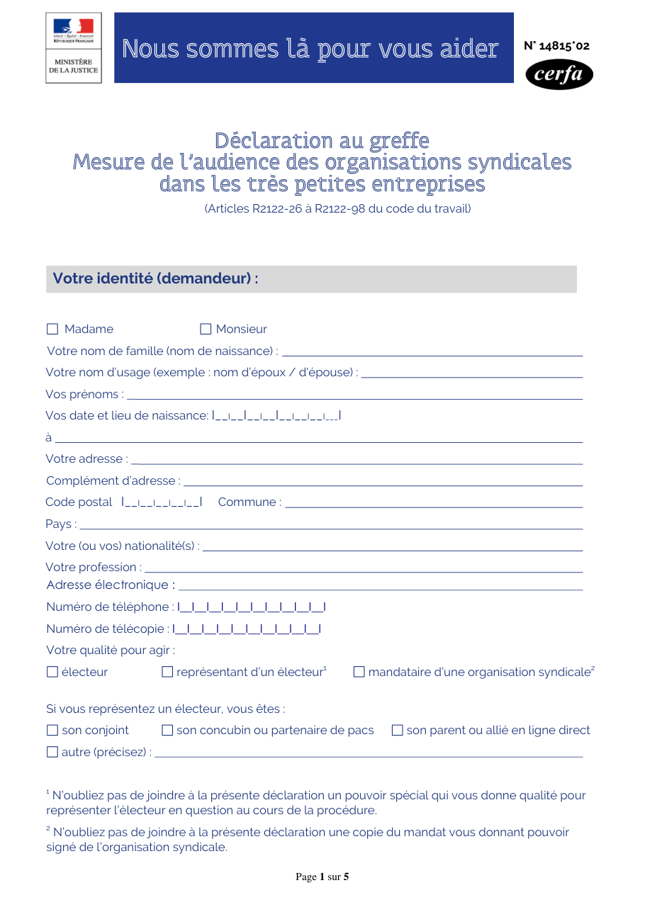 Page 1 du formulaire cerfa 14815 — Déclaration au greffe - mesure de l'audience des organisations syndicales dans les très