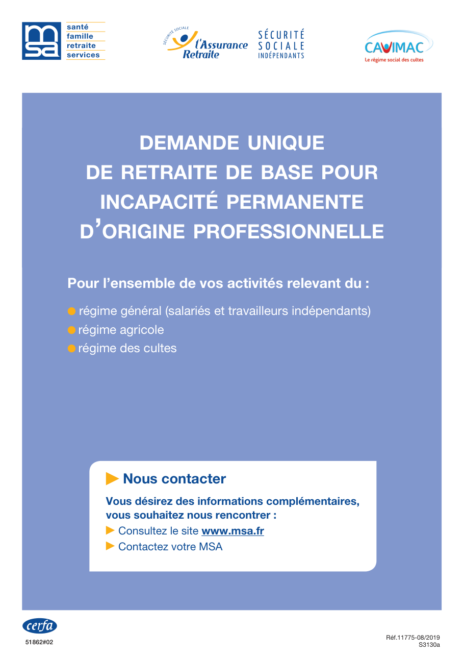 Page 1 du formulaire cerfa 14819 — Demande unique de retraite de base pour incapacité permanente d'origine professionnelle
