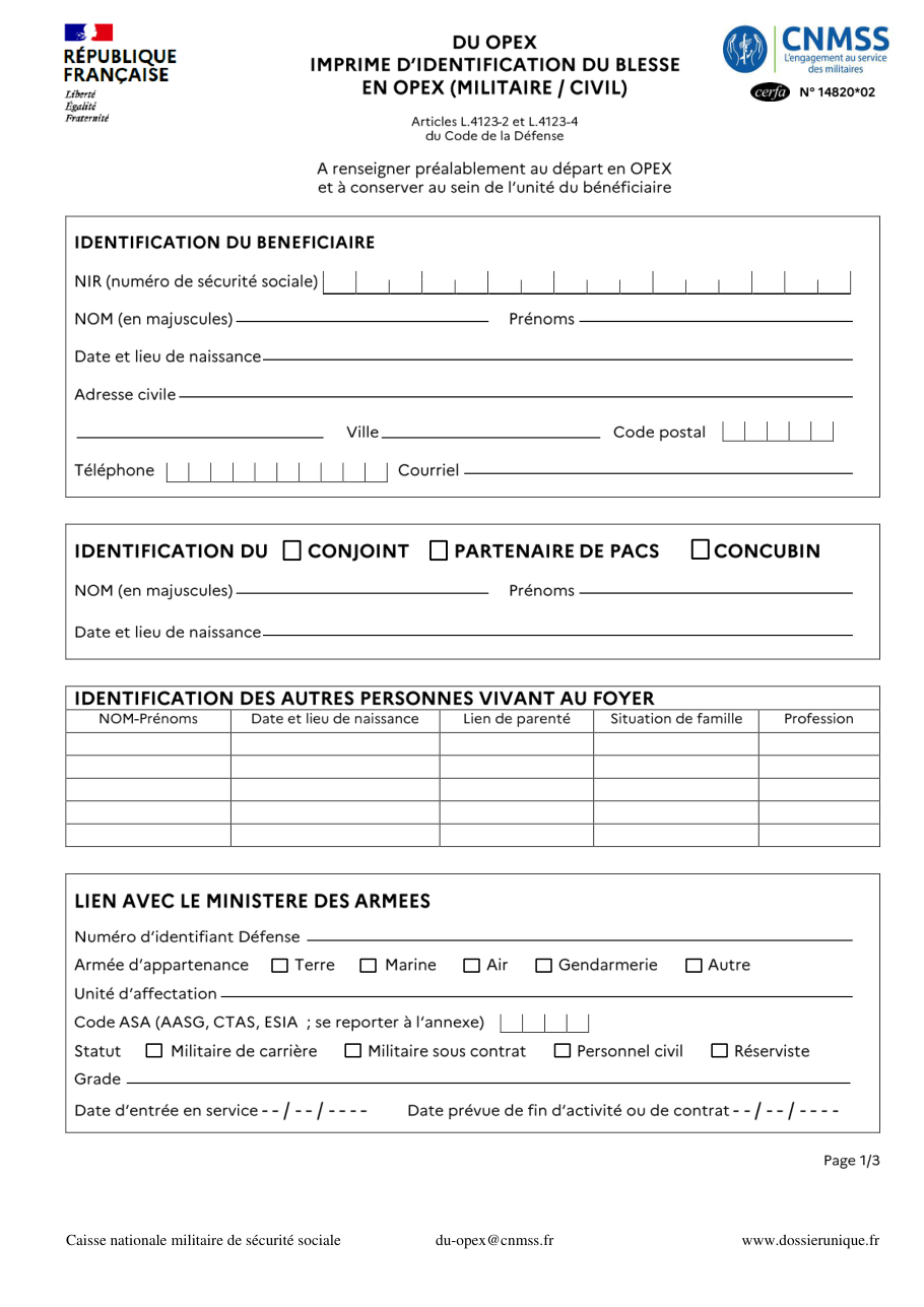 Page 1 du formulaire cerfa 14820 — Caisse nationale militaire de sécurité sociale du-opex@cnmss.fr www.dossierunique.fr