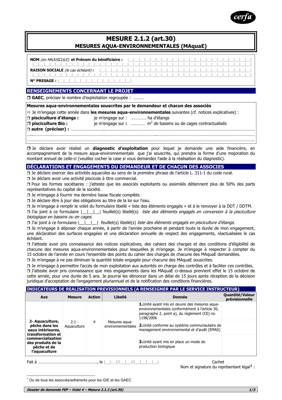 Page 1 du formulaire cerfa 14822 — Liste des éléments engagés en conversion à la pisciculture biologique en cages ou bassins