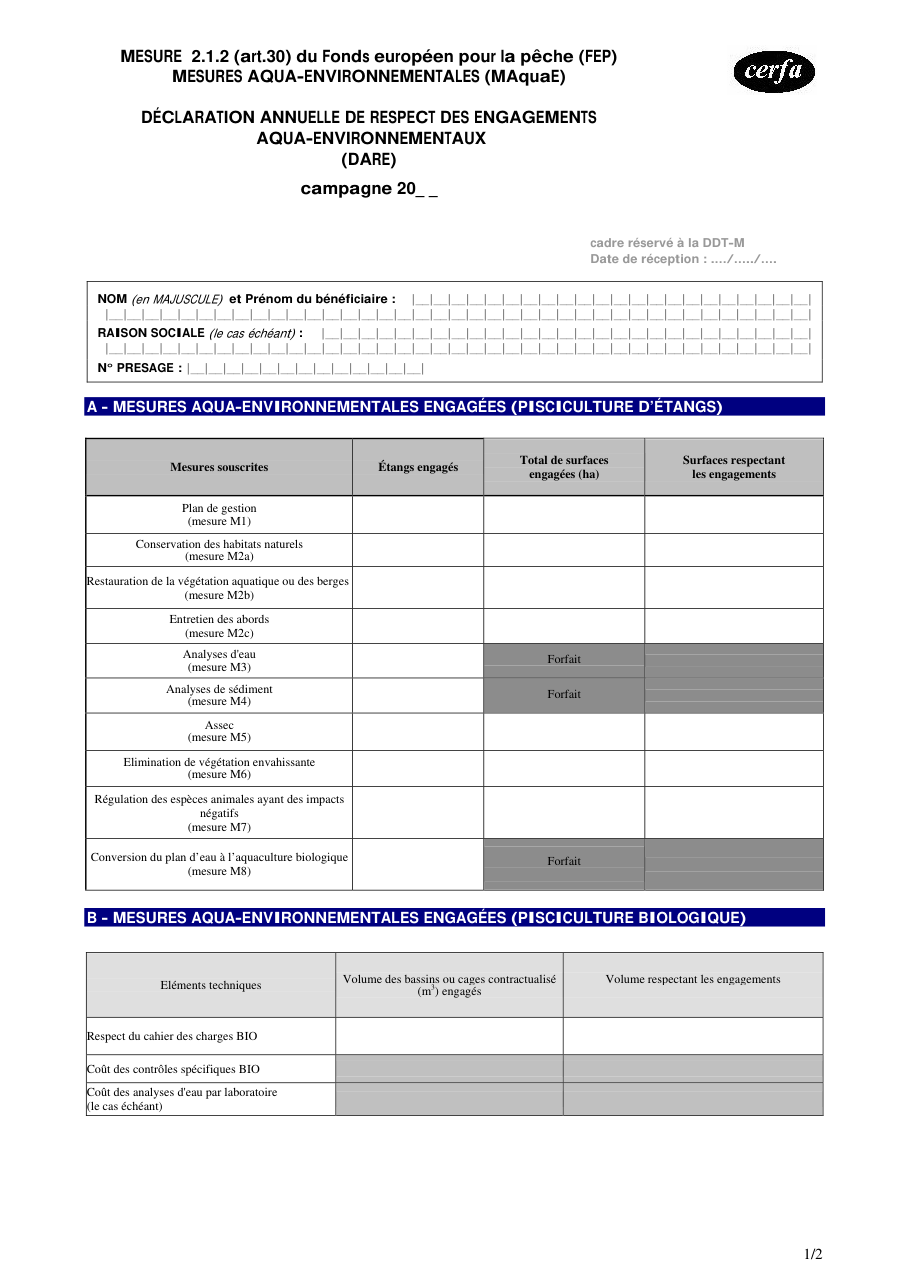 Page 1 du formulaire cerfa 14823 — Déclaration annuelle de respect des engagements aqua-environnementaux (FEP, mesure 2.1.2)