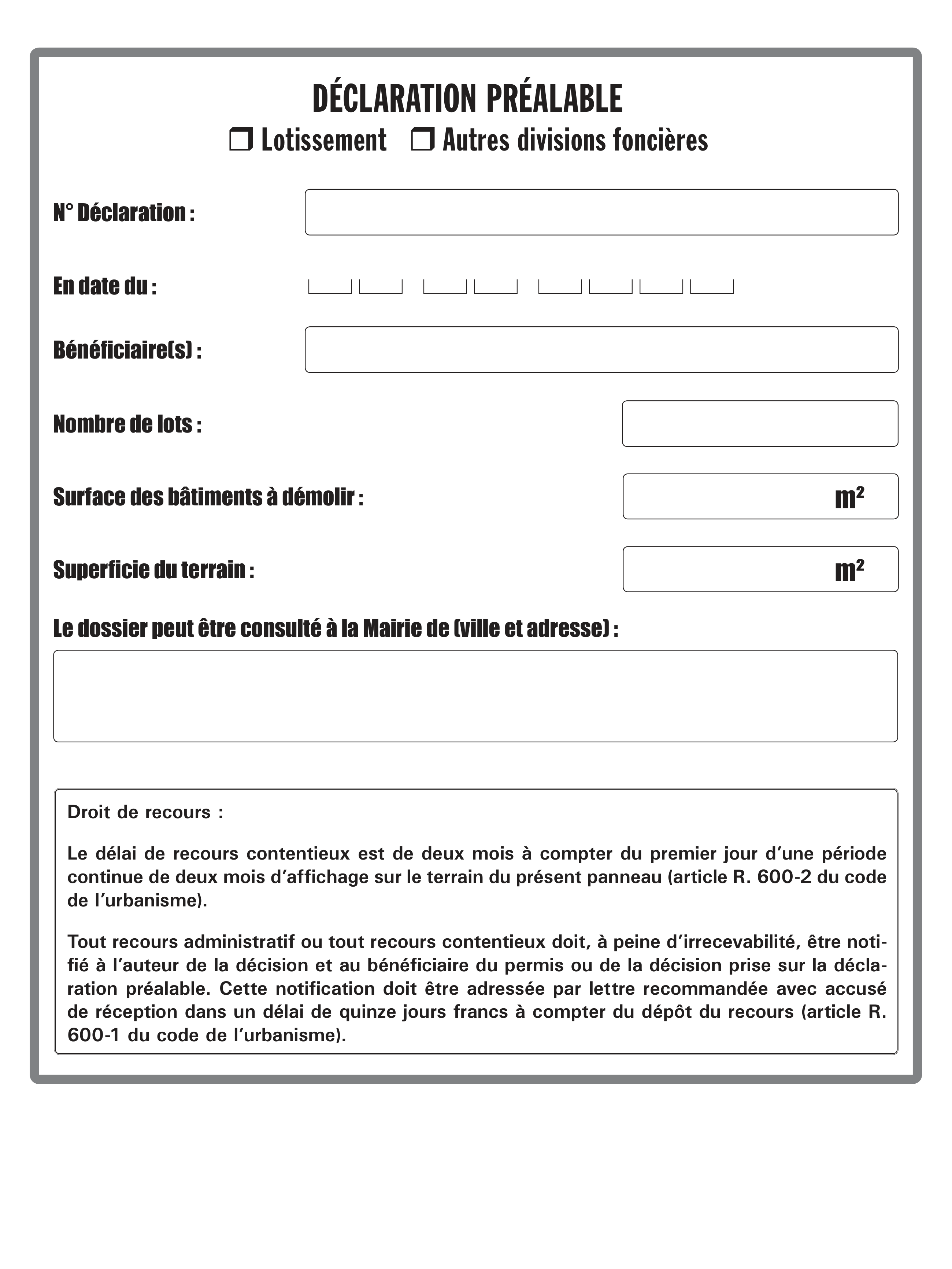 Page 1 du formulaire cerfa 14826 — Afficher sur le terrain le panneau d'une déclaration préalable