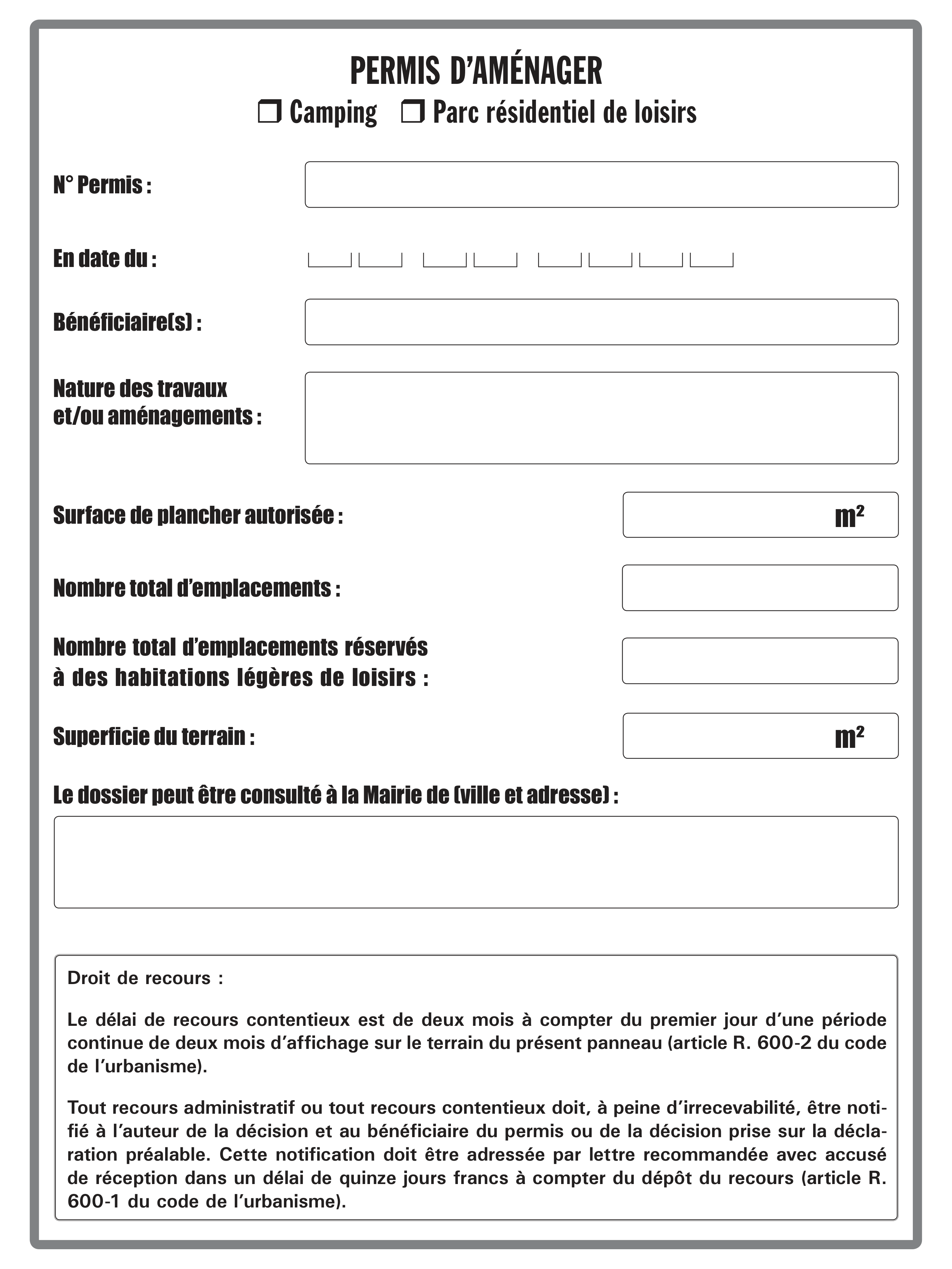 Page 1 du formulaire cerfa 14828 — Permis d'aménager – Panneau d'affichage