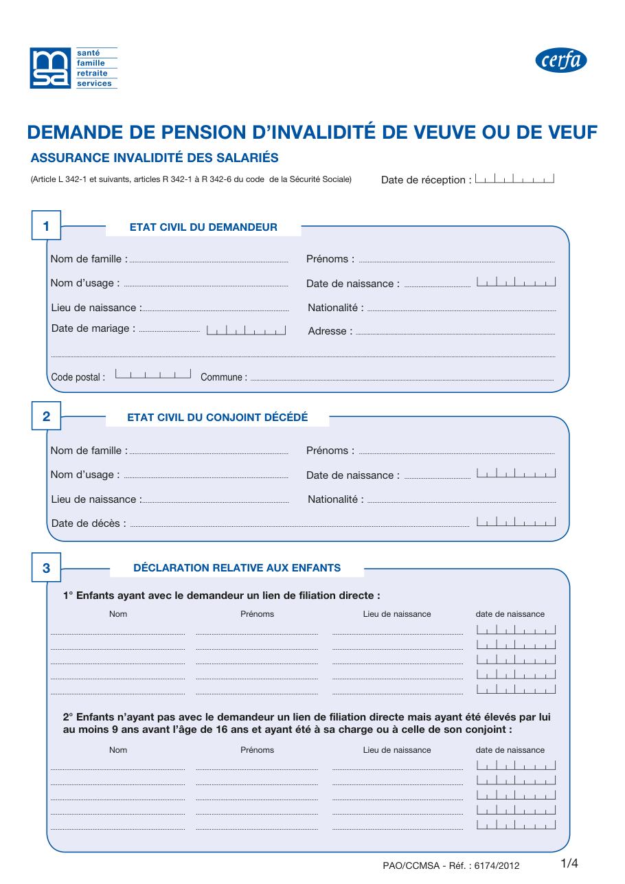 Page 1 du formulaire cerfa 14837 — Demande de pension d'invalidité de veuve ou de veuf