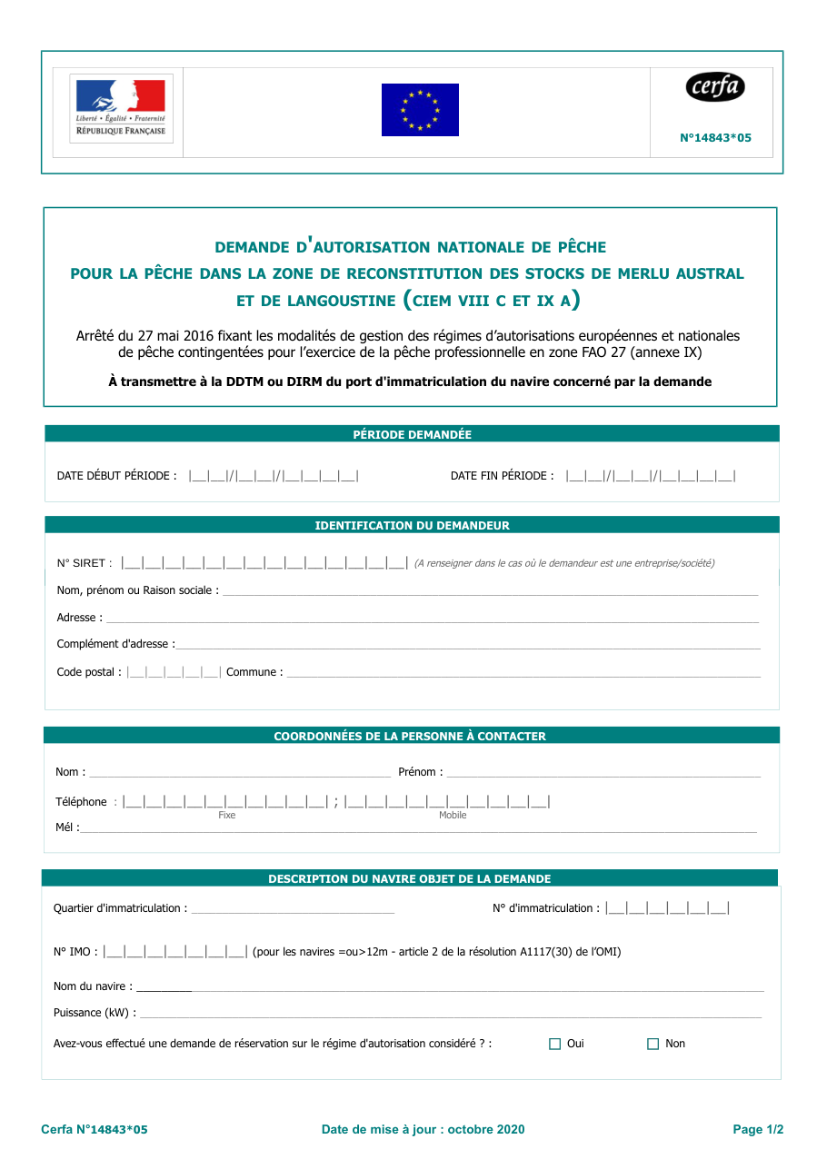 Page 1 du formulaire cerfa 14843 — Demander l'autorisation de pêcher en zone de reconstitution du merlu austral et de la langoustine