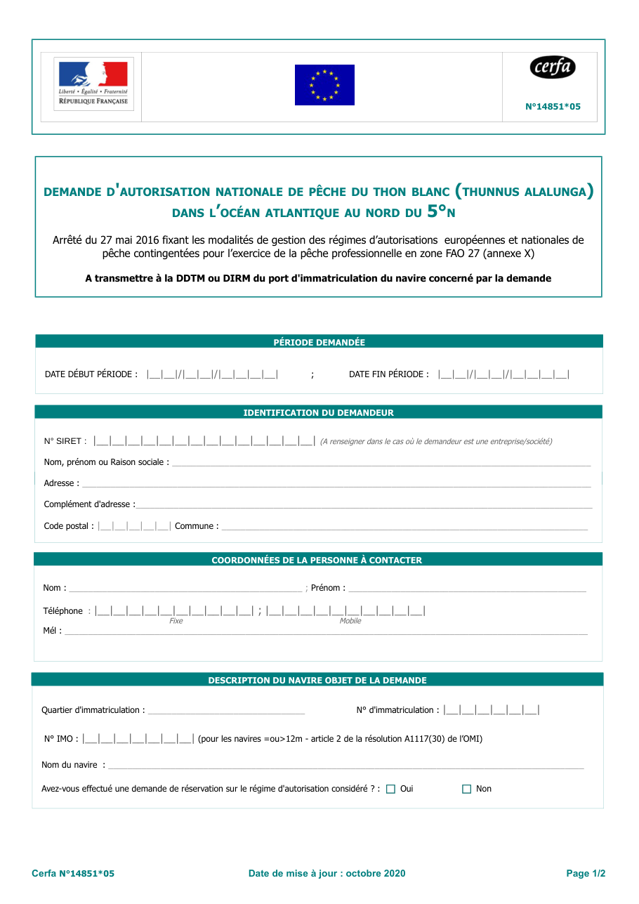 Page 1 du formulaire cerfa 14851 — Demande d'autorisation nationale de pêche du thon blanc (Thunnus alalunga) dans l'océan