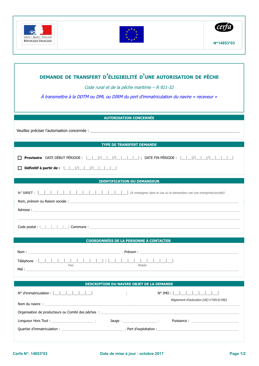 Page 1 du formulaire cerfa 14853 — Demande de transfert d'éligibilité d'une autorisation de pêche