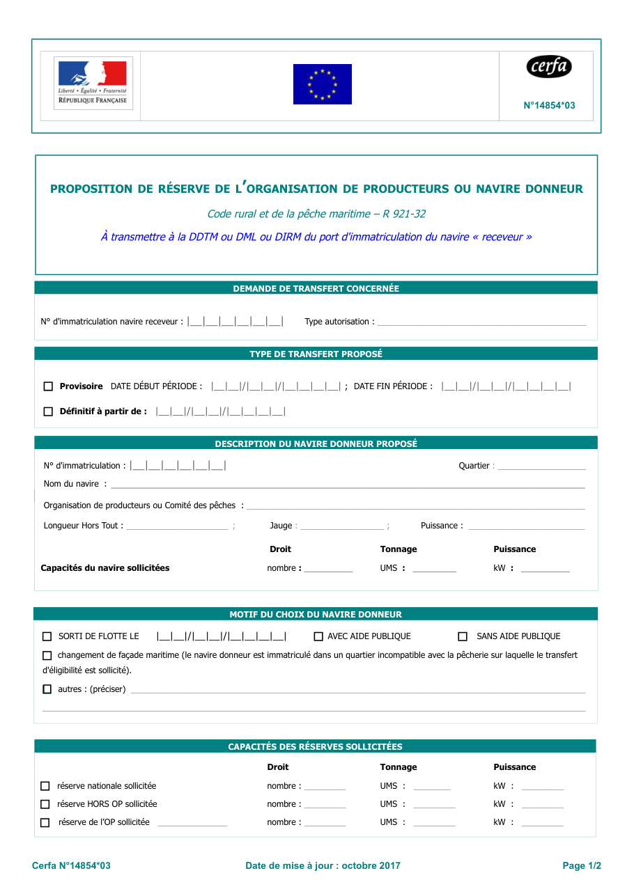 Page 1 du formulaire cerfa 14854 — Proposer une réserve ou un navire donneur pour transférer des capacités de pêche à un navire receveur