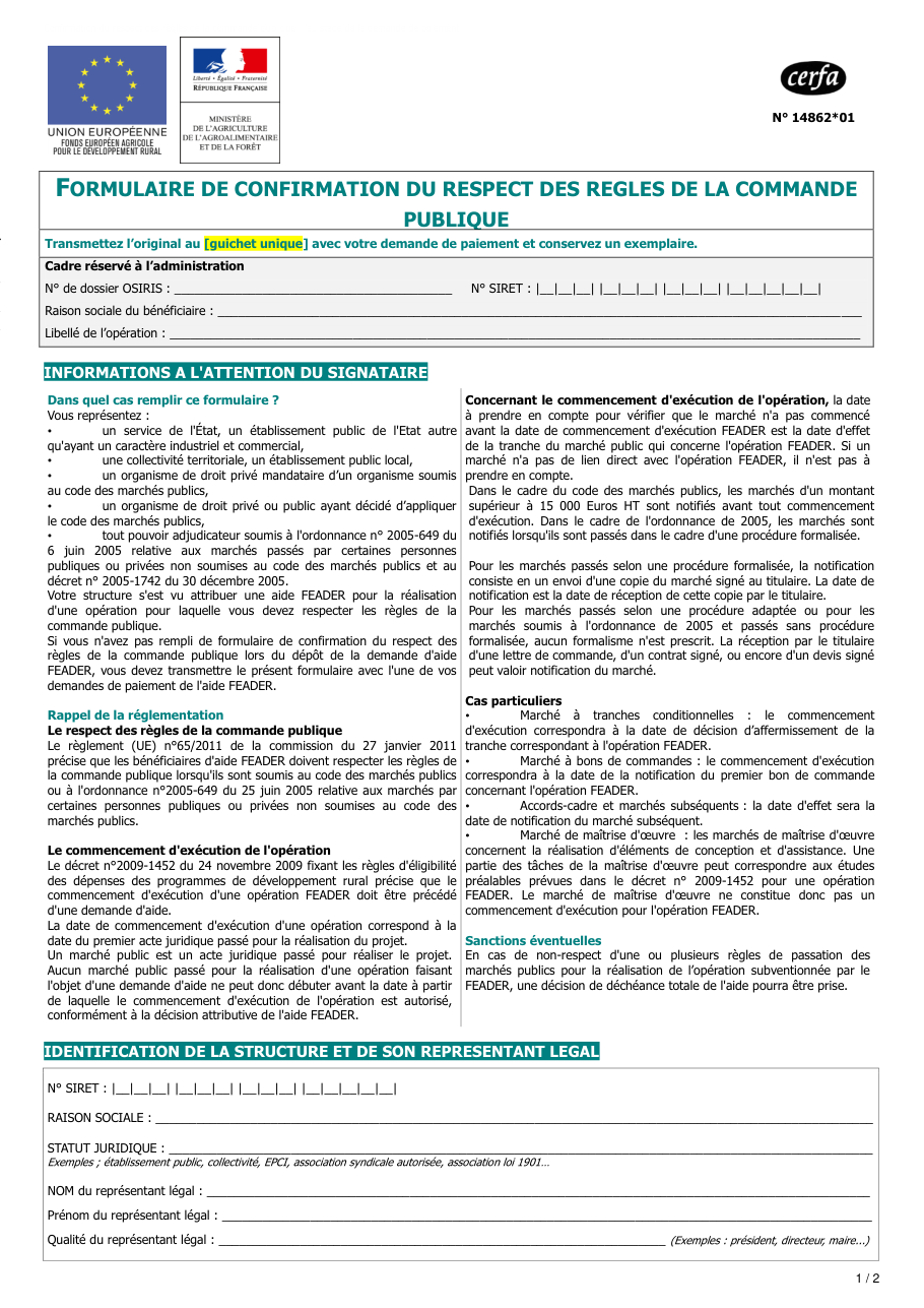 Page 1 du formulaire cerfa 14862 — Formulaire de confirmation du respect des règles de la commande publique