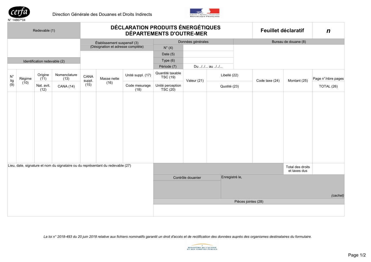 Page 1 du formulaire cerfa 14867 — Feuillet déclaratif — déclaration produits énergétiques, départements d'outre-mer