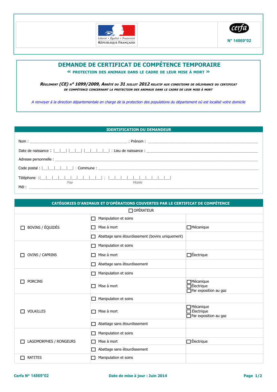 Page 1 du formulaire cerfa 14869 — Demande de certificat de compétence temporaire