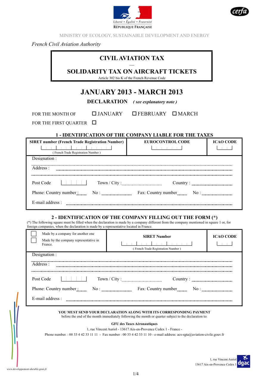 Page 1 du formulaire cerfa 14877 — Taxe de l'aviation civile et taxe de solidarité sur les billets d'avion, déclaration