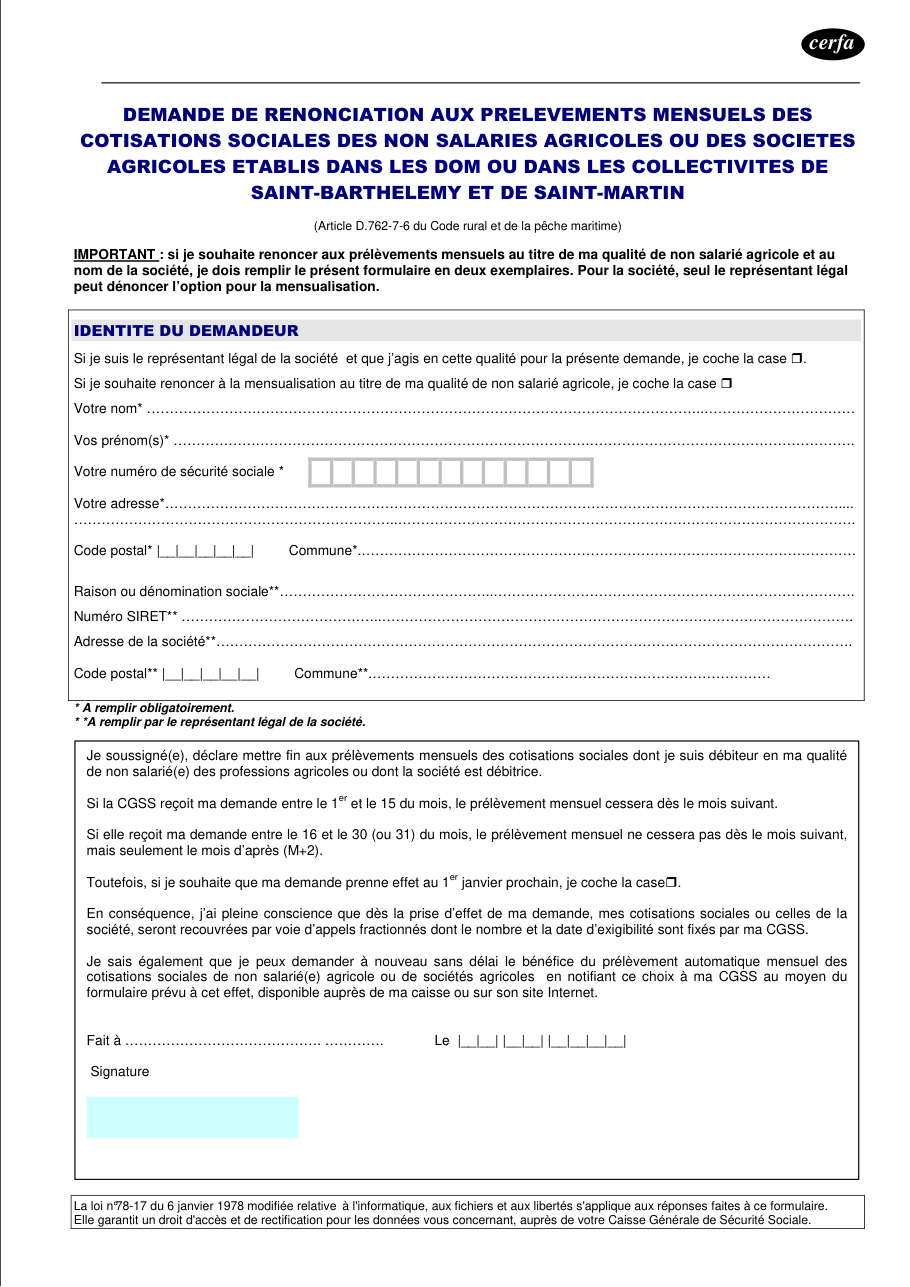 Page 1 du formulaire cerfa 14898 — Demande de renonciation aux prélèvements mensuels des cotisations sociales