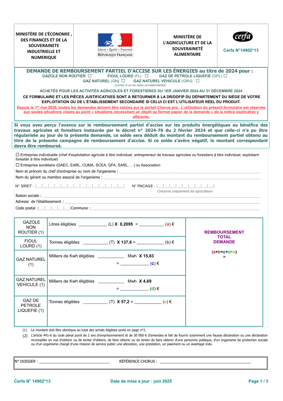 Page 1 du formulaire cerfa 14902 — Demander le remboursement partiel d'accise sur les énergies utilisées en agriculture