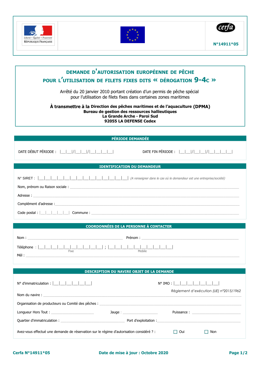 Page 1 du formulaire cerfa 14911 — Autorisation d'utilisation (navire)