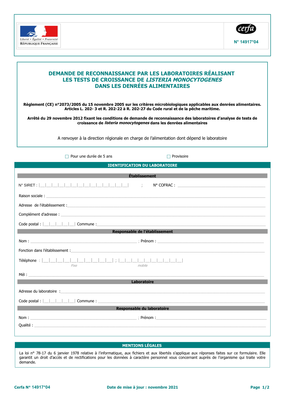 Page 1 du formulaire cerfa 14917 — Demander la reconnaissance d'un laboratoire pour les tests de croissance de Listeria dans les denrées alimentaires