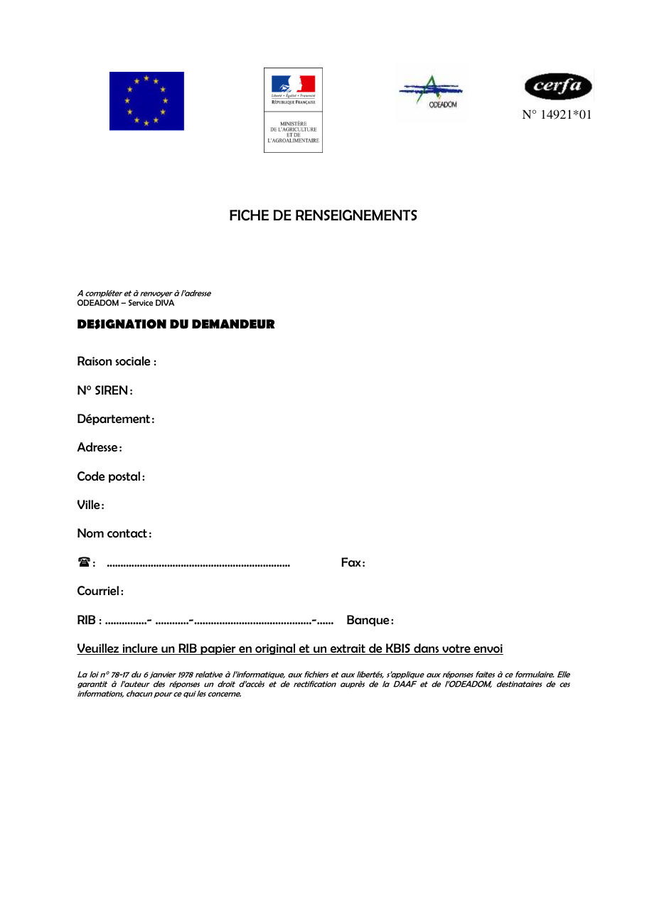 Page 1 du formulaire cerfa 14921 — Fiche de renseignements
