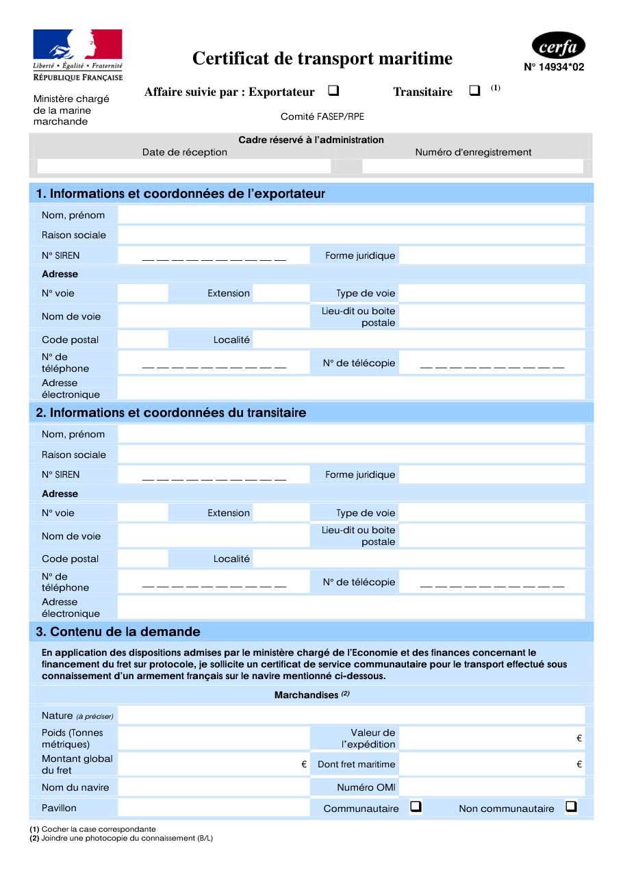 Page 1 du formulaire cerfa 14934 — Certificat de transport maritime