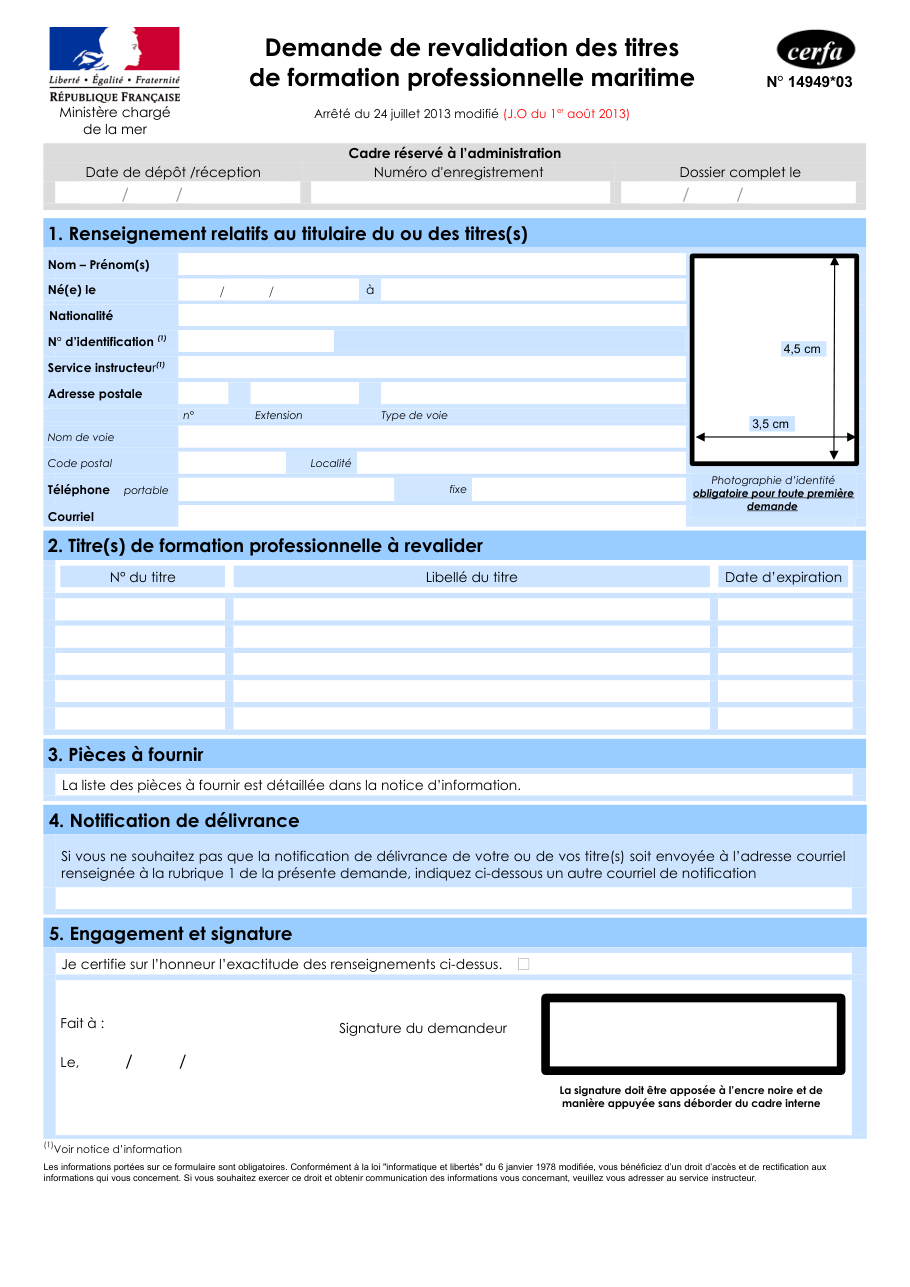 Page 1 du formulaire cerfa 14949 — Demande de revalidation des titres de formation professionnelle maritime