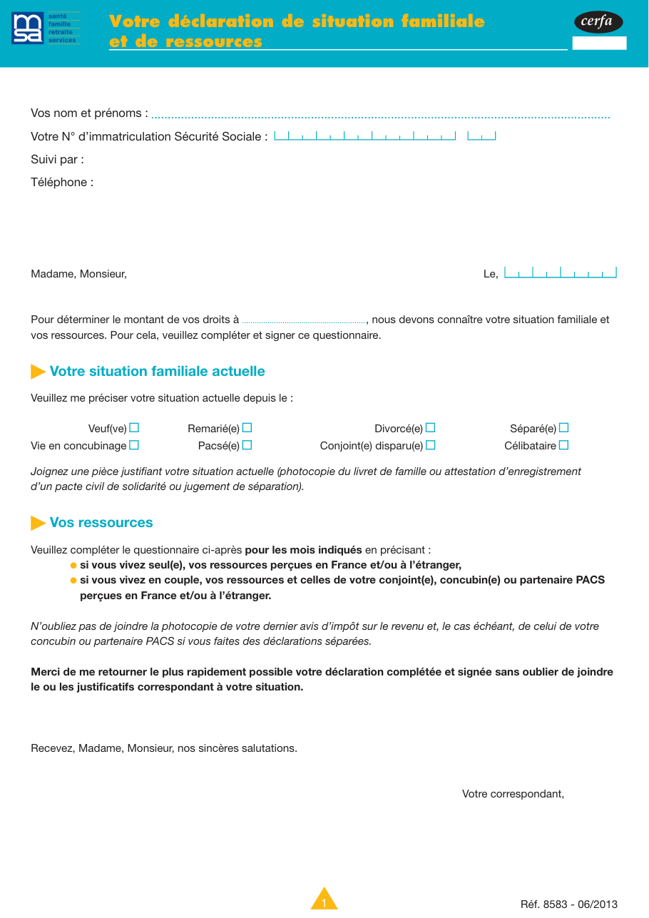 Page 1 du formulaire cerfa 14955 — Déclarer sa situation familiale et ses ressources