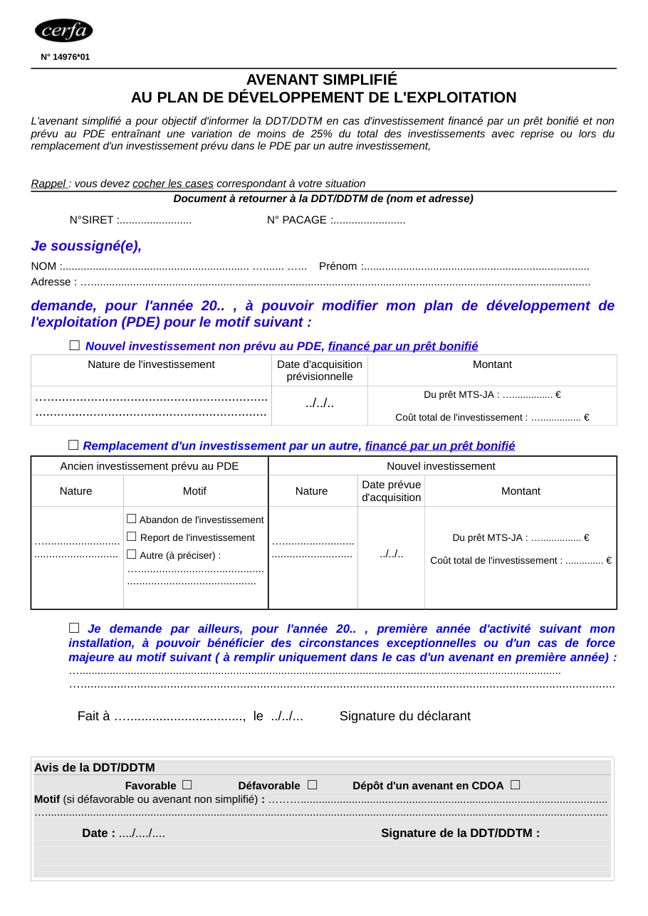 Page 1 du formulaire cerfa 14976 — Avenant simplifié au plan de développement de l'exploitation