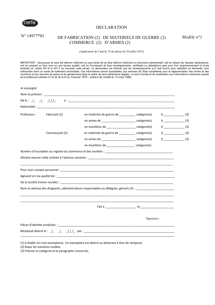 Page 1 du formulaire cerfa 14977 — Déclaration de fabrication ou de commerce de matériels de guerre, armes et munitions