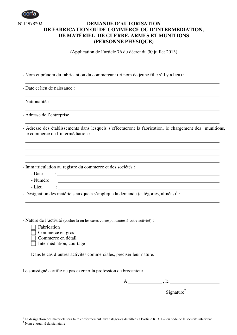 Page 1 du formulaire cerfa 14978 — Demande d'autorisation de fabrication ou de commerce ou d'intermédiation, matériel de guerre, armes