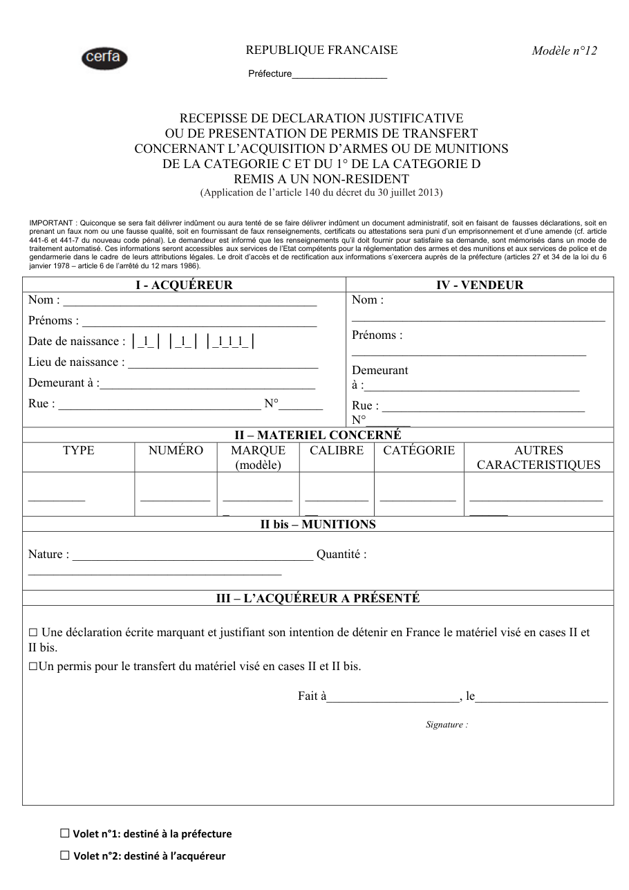 Page 1 du formulaire cerfa 14980 — Récépissé de déclaration justificative ou de permis de transfert pour l'acquisition d'arme