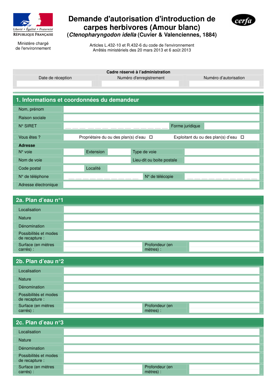 Page 1 du formulaire cerfa 14984 — Demander l'autorisation d'introduire des carpes herbivores dans un plan d'eau