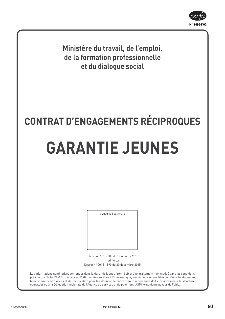 Page 1 du formulaire cerfa 14994 — Garantie jeunes