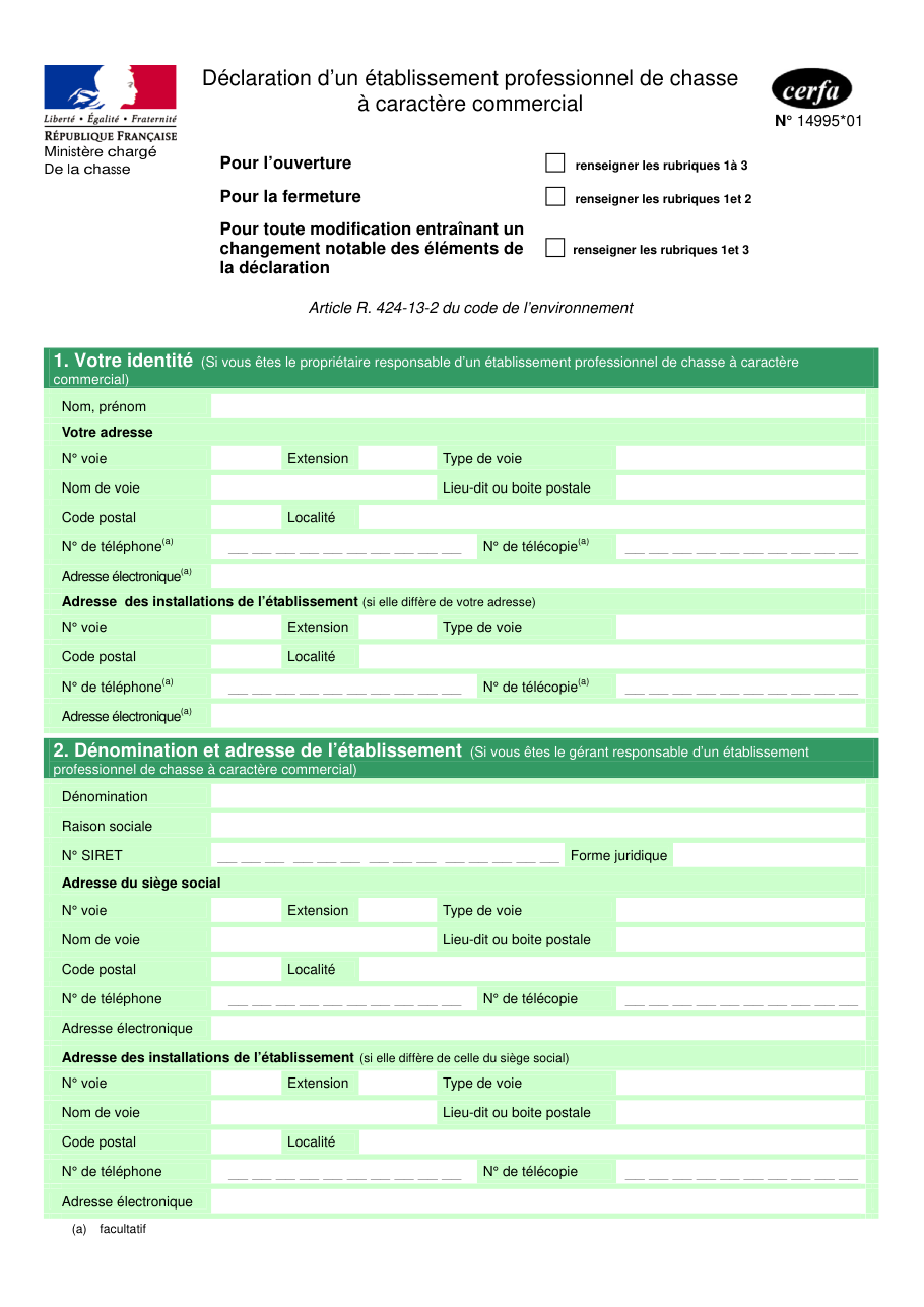 Page 1 du formulaire cerfa 14995 — Déclaration d'un établissement professionnel de chasse à caractère commercial