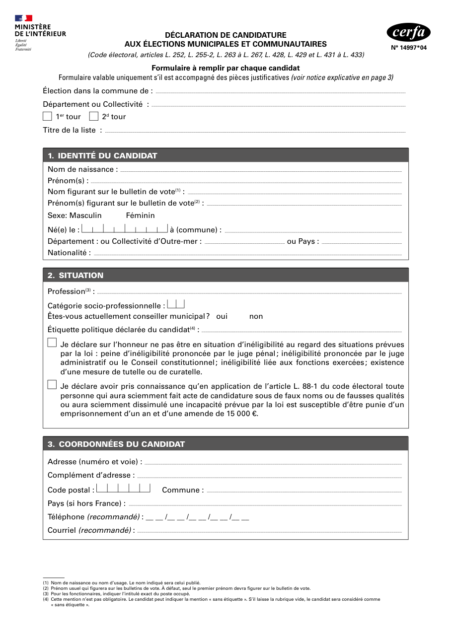 Page 1 du formulaire cerfa 14997 — Déclaration de candidature aux élections municipales et communautaires