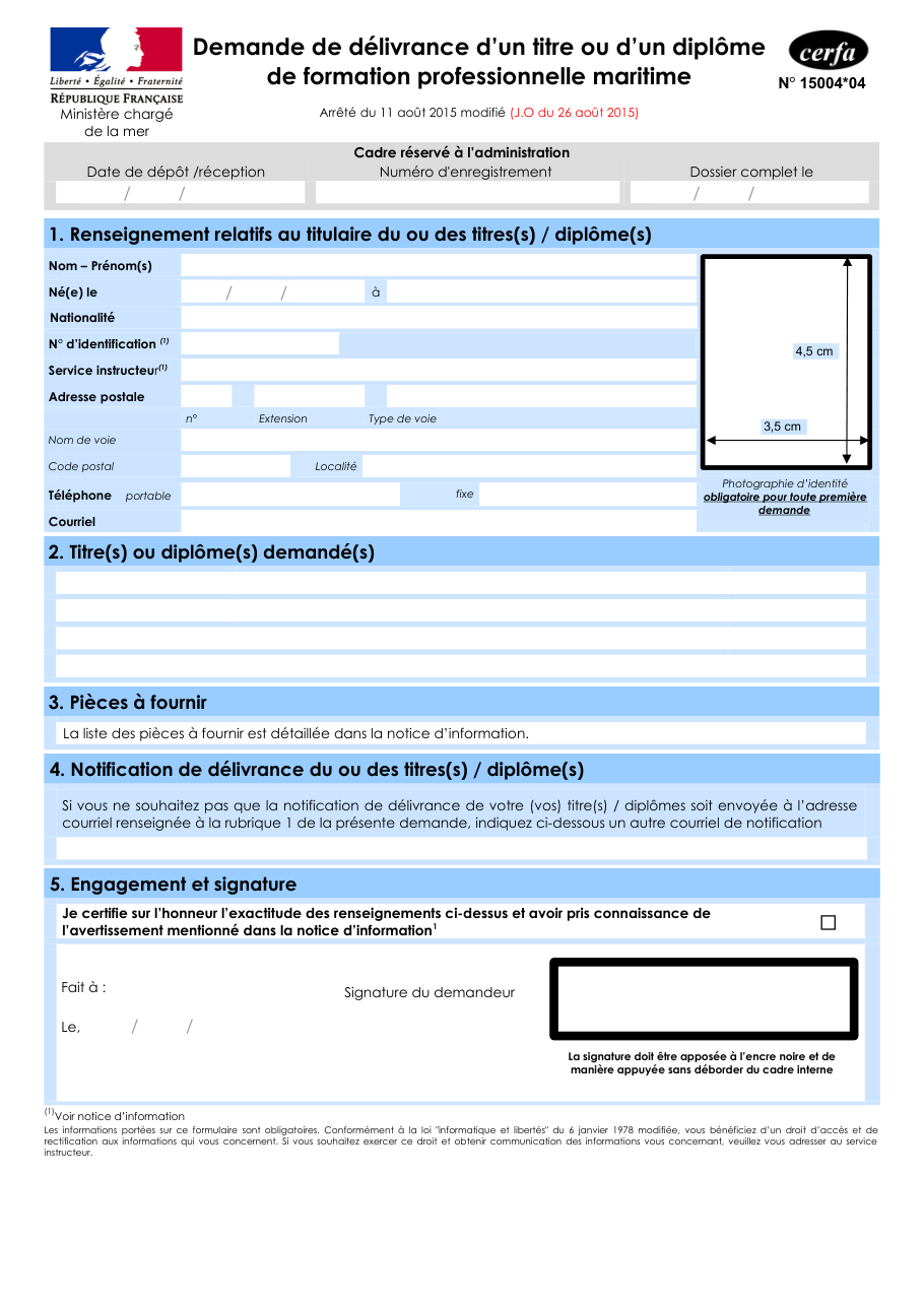 Page 1 du formulaire cerfa 15004 — Demande de délivrance d’un titre ou d’un diplôme de formation professionnelle maritime