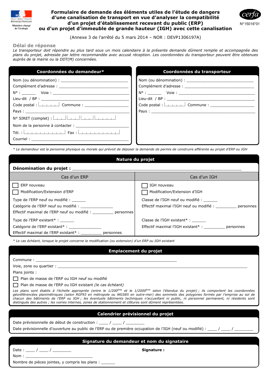 Page 1 du formulaire cerfa 15016 — Demander les éléments de l'étude de dangers d'une canalisation de transport