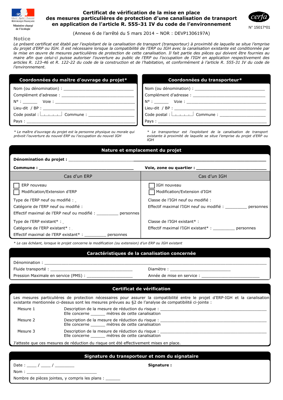 Page 1 du formulaire cerfa 15017 — Certificat de protection d'une canalisation de transport près d'un ERP ou d'un IGH