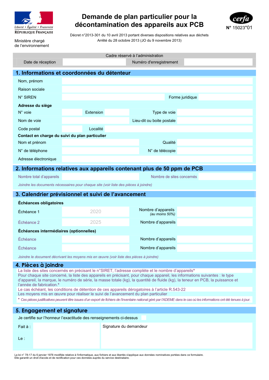 Page 1 du formulaire cerfa 15023 — Demande de plan particulier pour la décontamination des appareils aux PCB