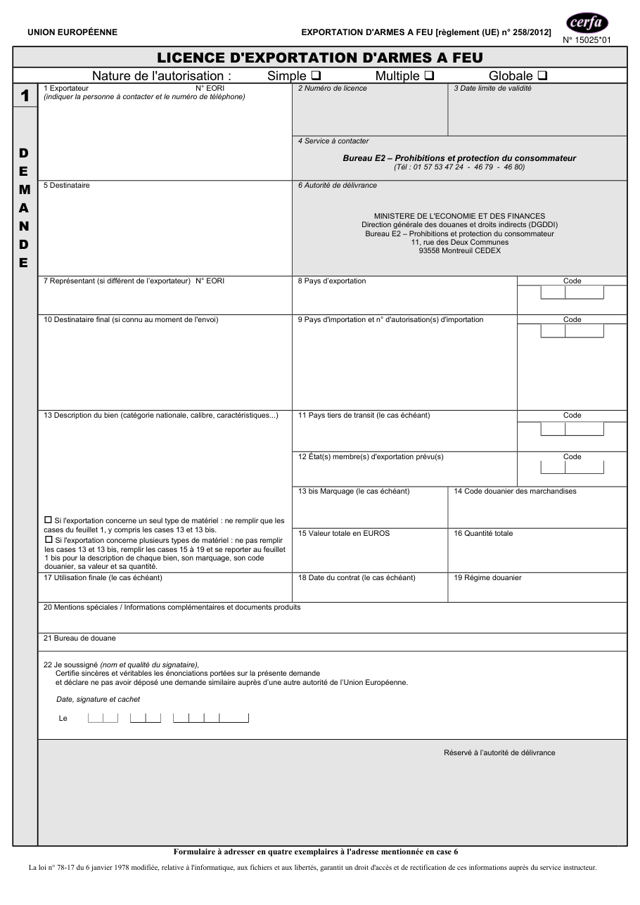 Page 1 du formulaire cerfa 15025 — Licence d'exportation d'armes à feu