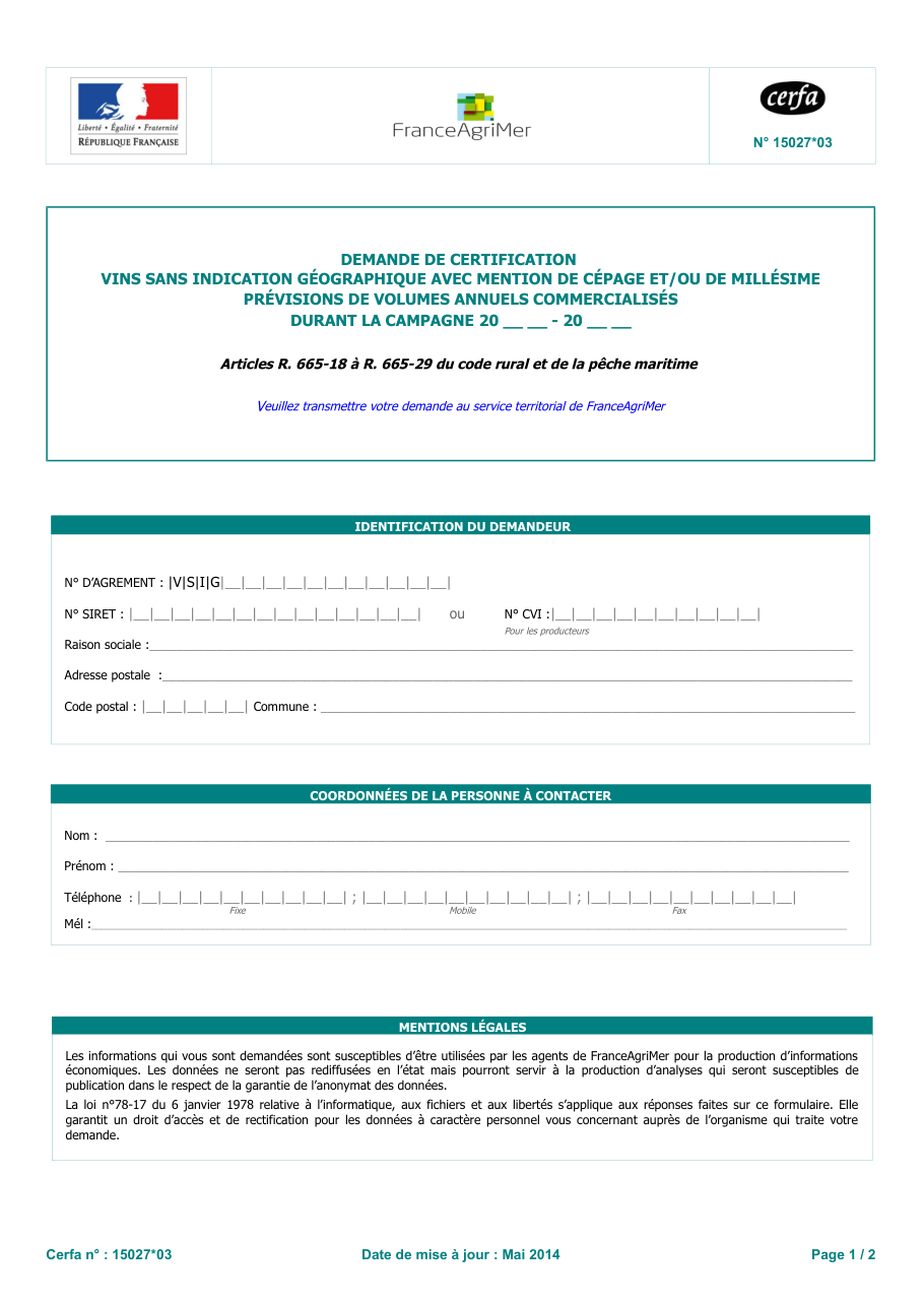 Page 1 du formulaire cerfa 15027 — Demande de certification – vins sans indication géographique avec mention de cépage