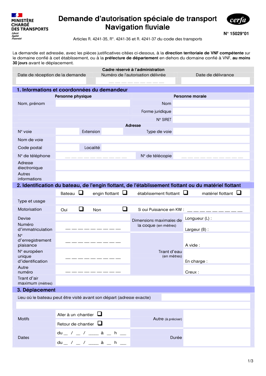 Page 1 du formulaire cerfa 15029 — Demande d'autorisation spéciale de transport — navigation fluviale