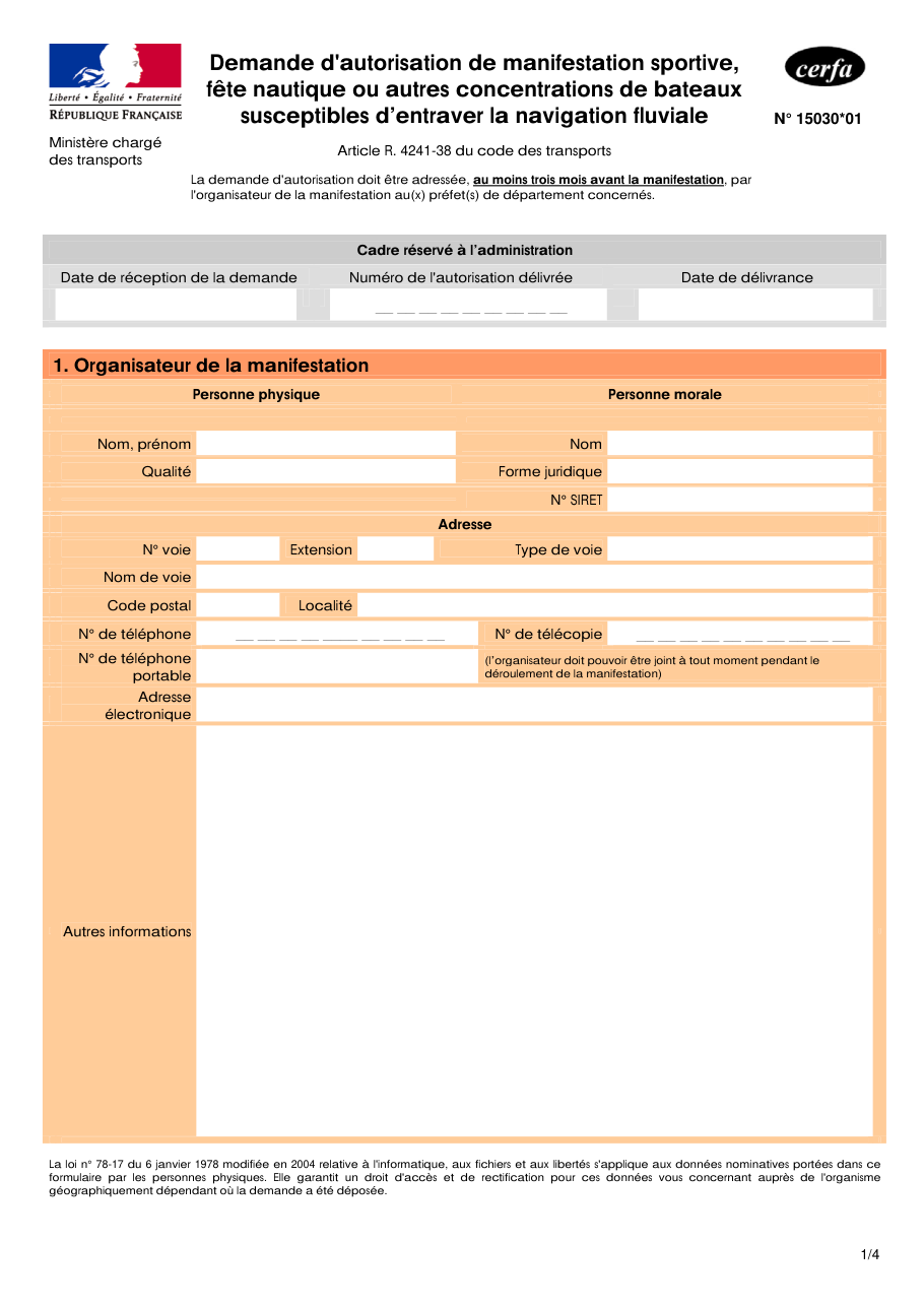 Page 1 du formulaire cerfa 15030 — Demande d'autorisation de manifestation sportive, fête nautique ou autres concentrations de bateaux susceptibles d'entraver la navigation fluviale