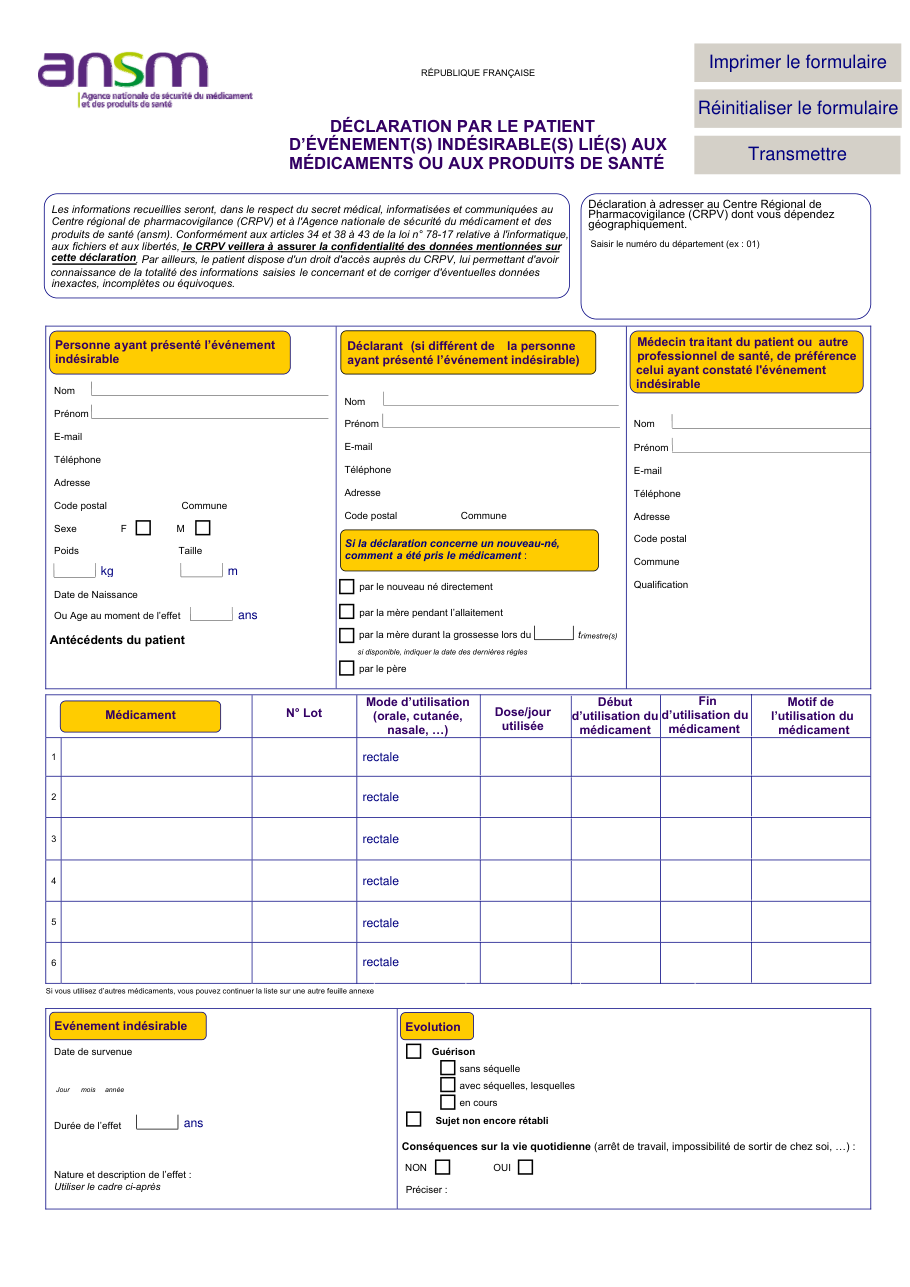 Page 1 du formulaire cerfa 15031 — Déclaration par le patient d'événement(s) indésirable(s) lié(s) aux médicaments ou aux produits de santé
