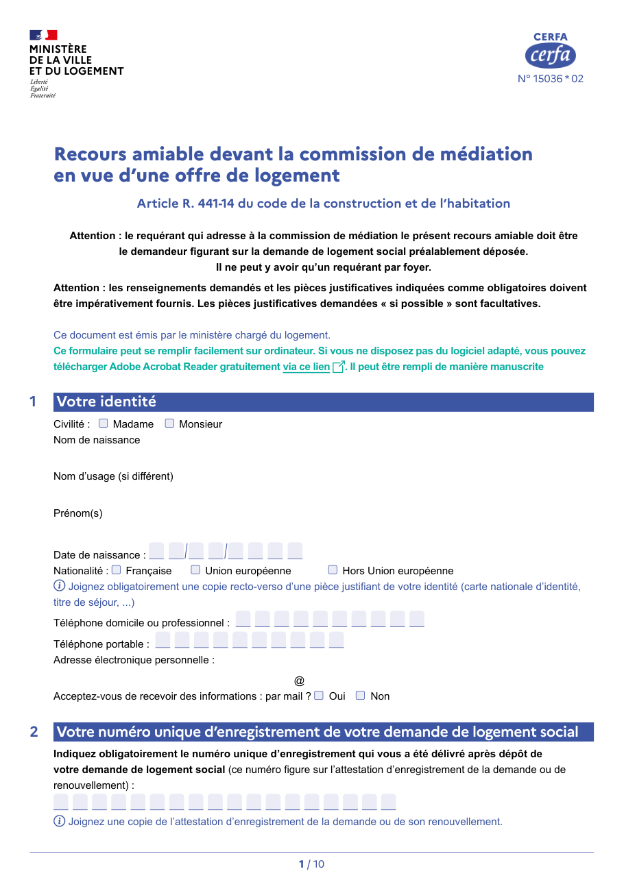 Page 1 du formulaire cerfa 15036 — Recours amiable devant la commission de médiation en vue d’une offre de logement