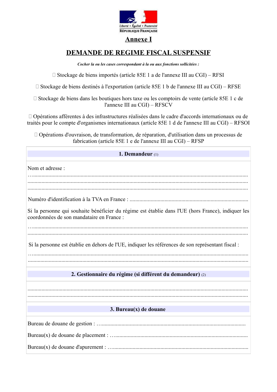 Page 1 du formulaire cerfa 15038 — Demande de régime fiscal suspensif