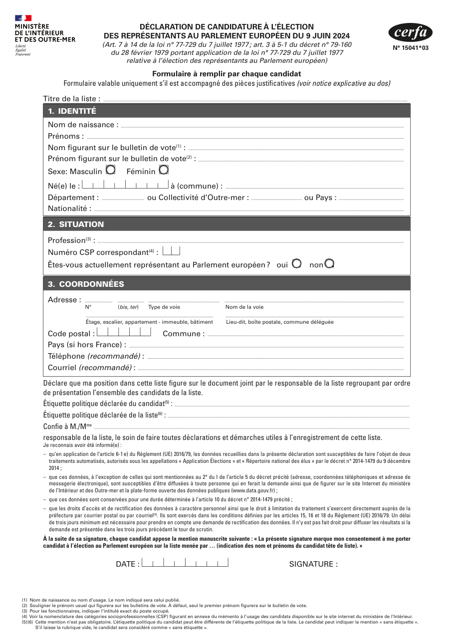 Page 1 du formulaire cerfa 15041 — Déclaration de candidature sur une liste - désignation d'un mandataire