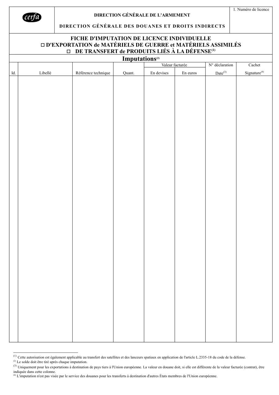 Page 1 du formulaire cerfa 15044 — Fiche d'imputation de licence individuelle d'exportation de matériels de guerre et matériels assimilés ou de transfert de produits liés à la défense