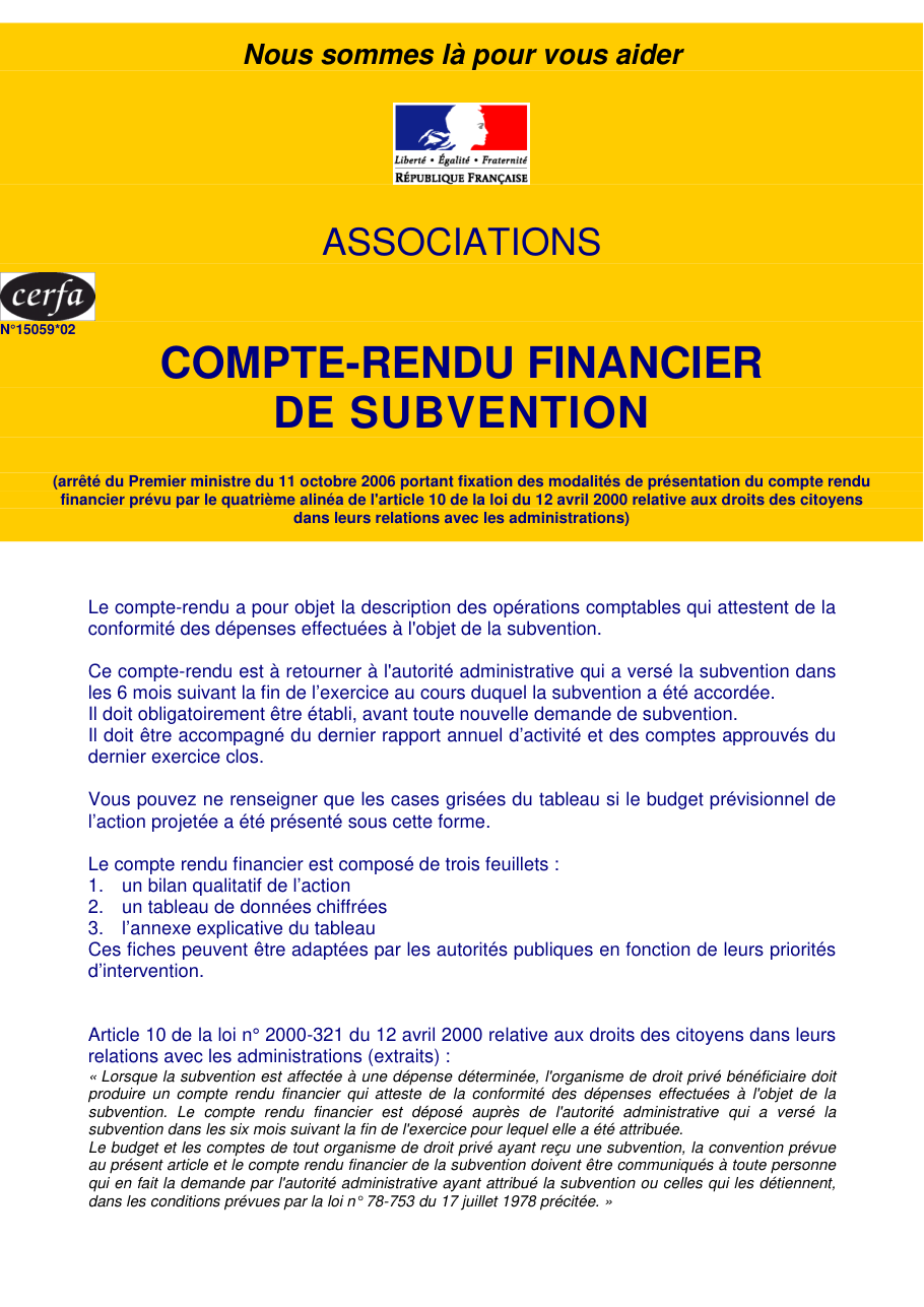 Page 1 du formulaire cerfa 15059 — Compte-rendu financier de subvention d'une association