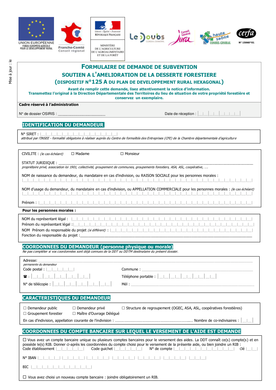 Page 1 du formulaire cerfa 15060 — Formulaire de demande de subvention — soutien à l'amélioration de la desserte forestière